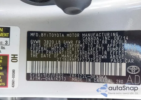 2015 Toyota Corolla S Plus from USA, damaged, VIN 2T1BURHEXFC237580